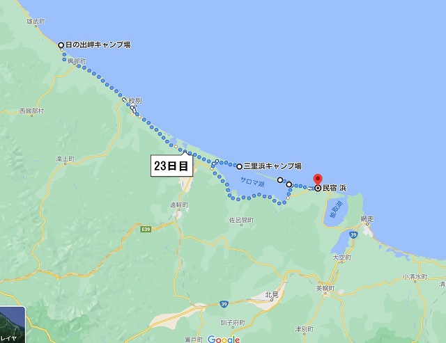 雄武町のキャンプ場からサロマ湖を周回し、常呂町の宿へ
